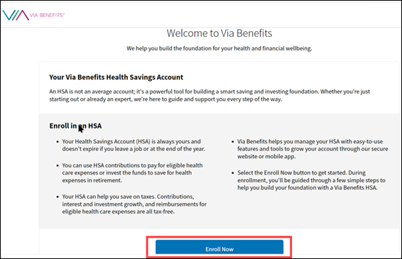 A screenshot of the Via Benefits website landing page displaying the Enroll Now button