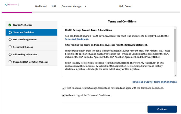 A screenshot of the Via Benefits Accounts website displaying the Terms and Conditions