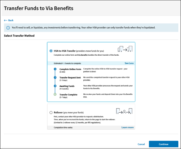 A screenshot of the Via Benefits Accounts website showing the transfer method options
