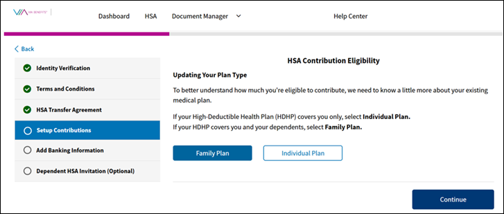 A screenshot of the Via Benefits Accounts website for selecting the plan type