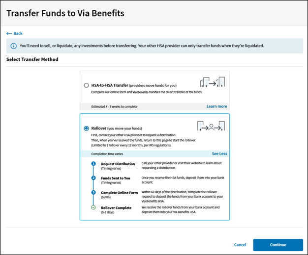 A screenshot of the Via Benefits Accounts website showing the transfer method options