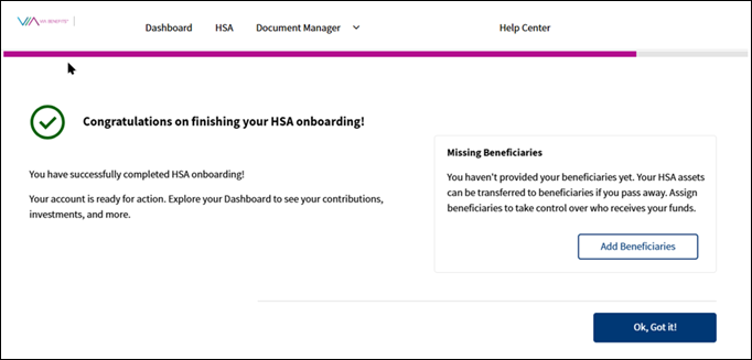 A screenshot of the Via Benefits Accounts website confirming you've finished your HSA onboarding