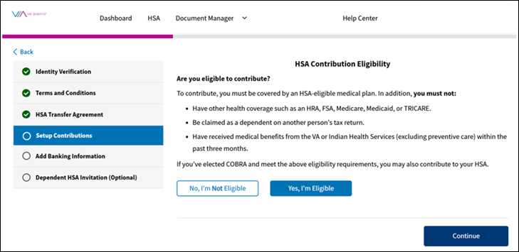A screenshot of the Via Benefits Accounts website showing the HSA contribution eligibility requirements