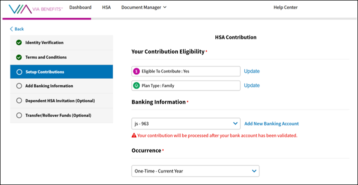 A screenshot of the Via Benefits Accounts website for setting up your contribution