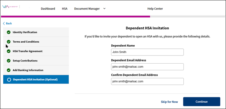A screenshot of the Via Benefits Accounts website displaying the Dependent HSA Invitation
