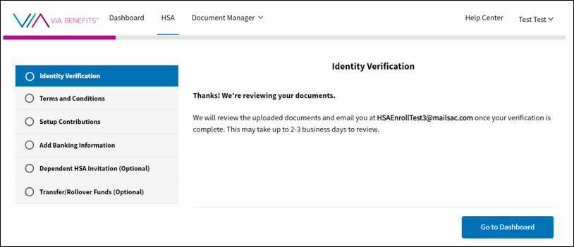 A screenshot of the Via Benefits Accounts website displaying the message that we're reviewing your documents