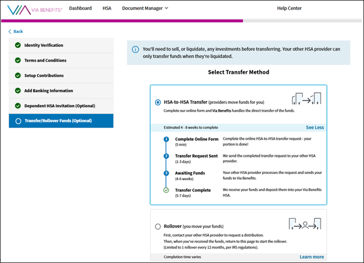A screenshot of the Via Benefits Accounts website for select the transfer method