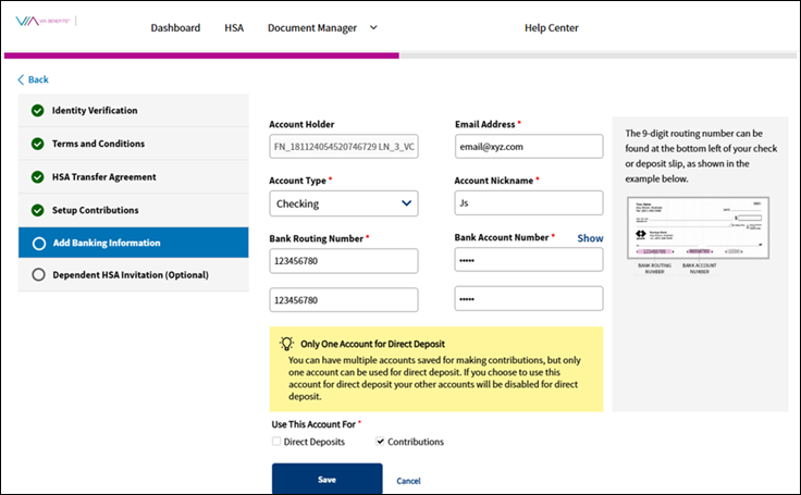 A screenshot of the Via Benefits Accounts website showing fields for adding banking information