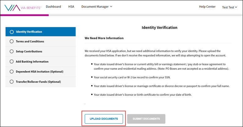 A screenshot of the Via Benefits Accounts website showing the Upload Document button