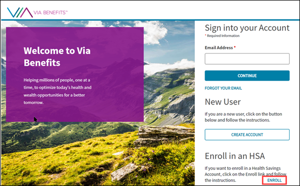 A screenshot of the Via Benefits Accounts website sign-in page displaying the Enroll link
