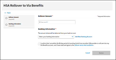 A screenshot of the Via Benefits Accounts website showing fields for entering the Rollover Amount and Banking Information