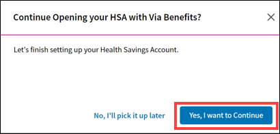 A screenshot of the Via Benefits Accounts website displaying the Yes, I want to Continue button