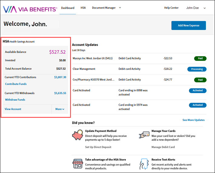 A screenshot of the Via Benefits Accounts website showing the available balance
