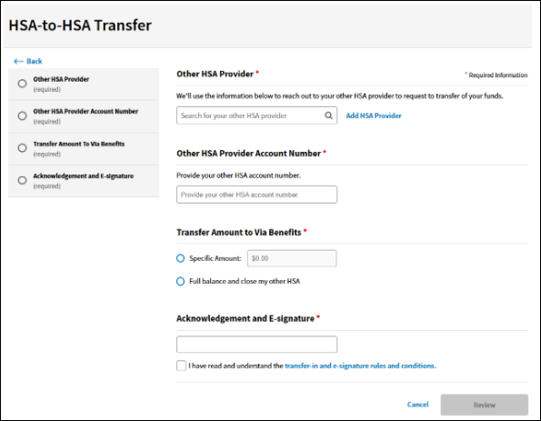 A screenshot of the Via Benefits Accounts website showing fields for completing the HSA-to-HSA Transfer