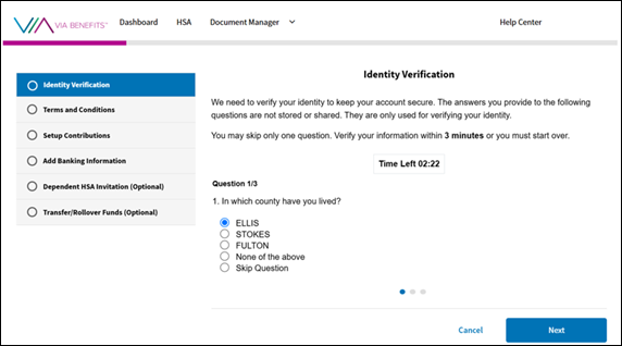 A screenshot of the Via Benefits Accounts website showing Identity Verification questions
