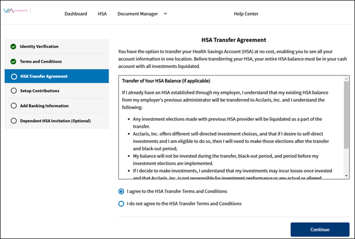 A screenshot of the Via Benefits Accounts website for displaying the HSA Transfer Agreement