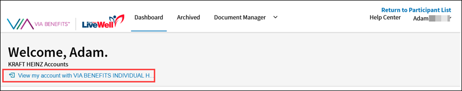 A screenshot of the Via Benefits Accounts website Welcome banner