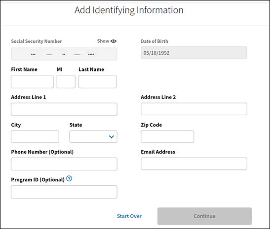 A screenshot of the Via Benefits Accounts website showing fields for entering name, address, and phone number