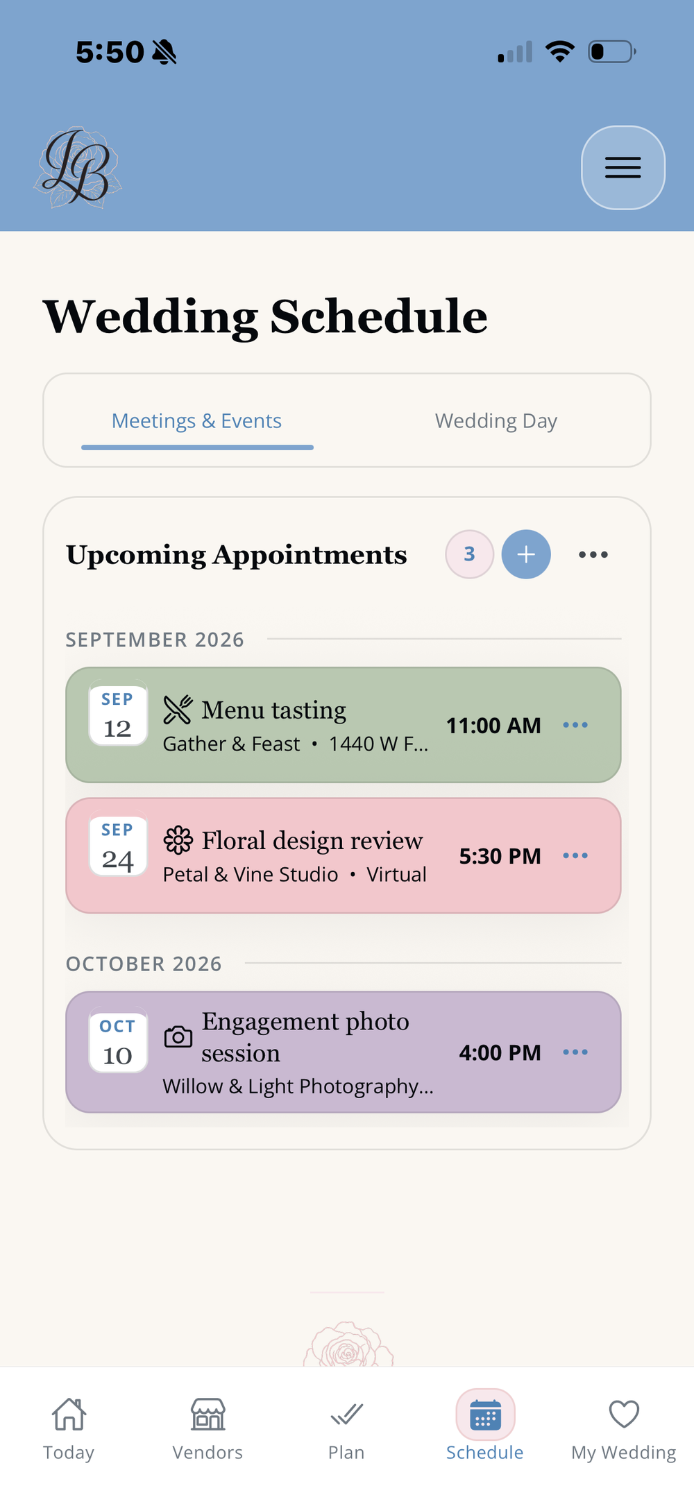 LaBelle Bridal Meetings and Events schedule showing wedding planning appointments