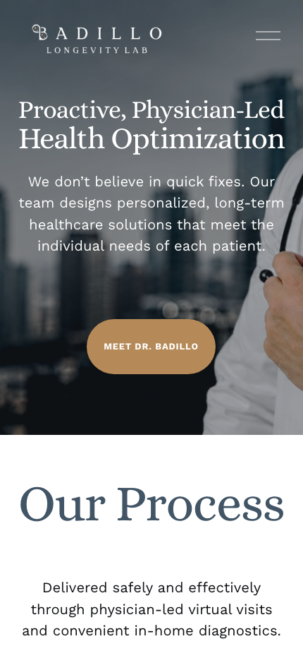 Redesigned Badillo Longevity Lab homepage on mobile
