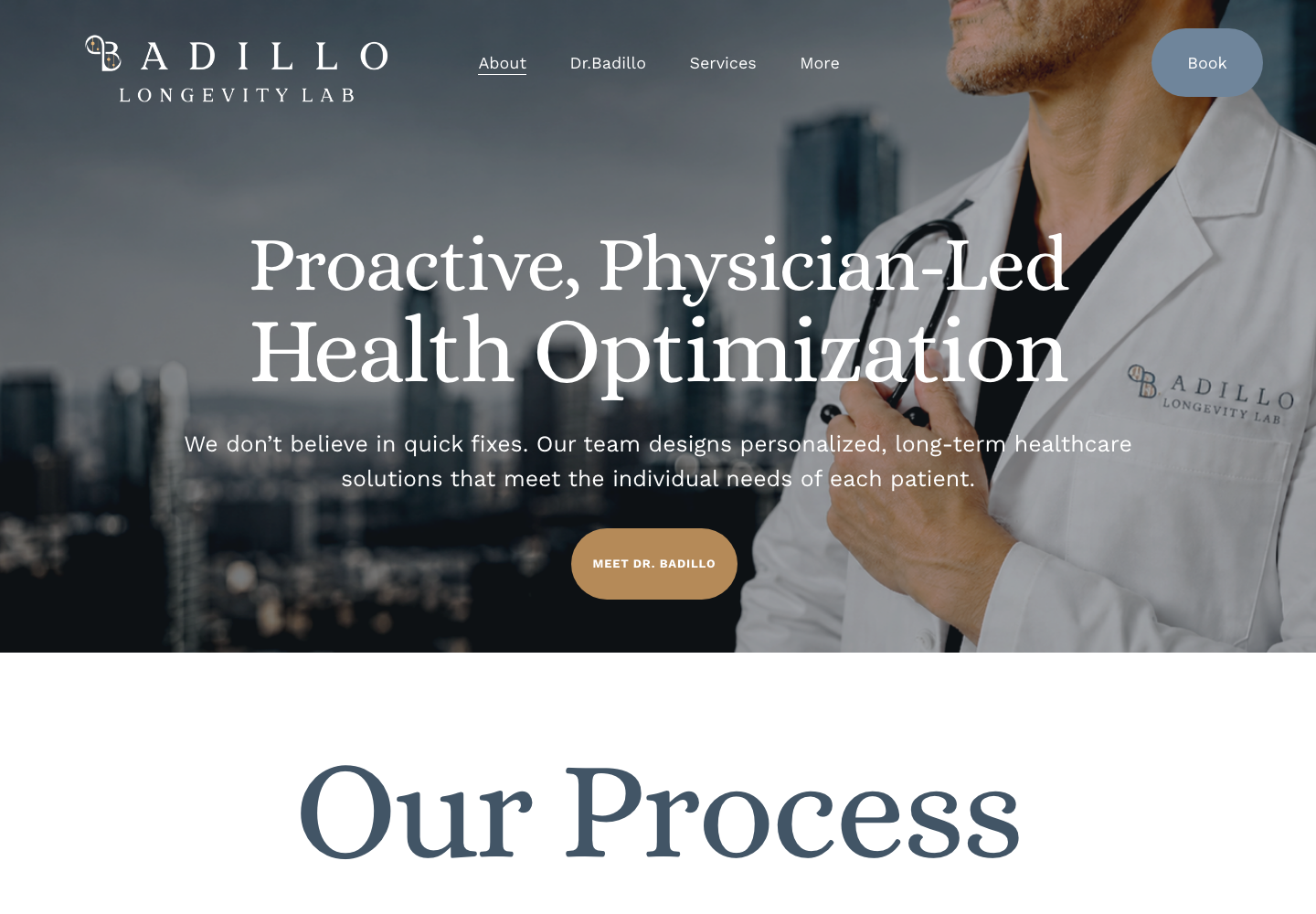 Redesigned Badillo Longevity Lab homepage on desktop