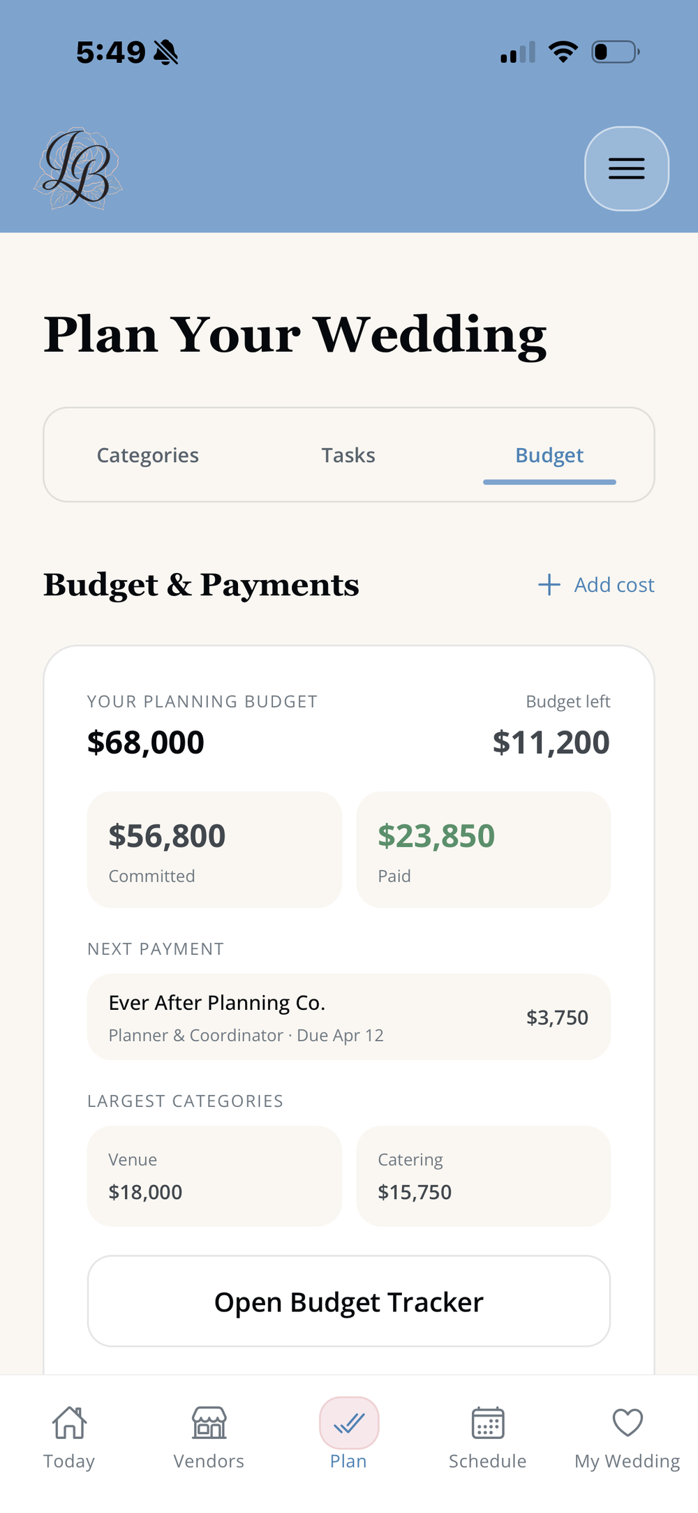 LaBelle Bridal budget and payments overview inside the wedding planning app