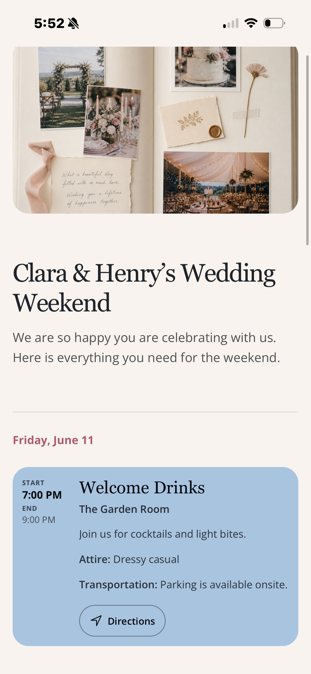 Mobile wedding itinerary for guests with event times, attire and directions
