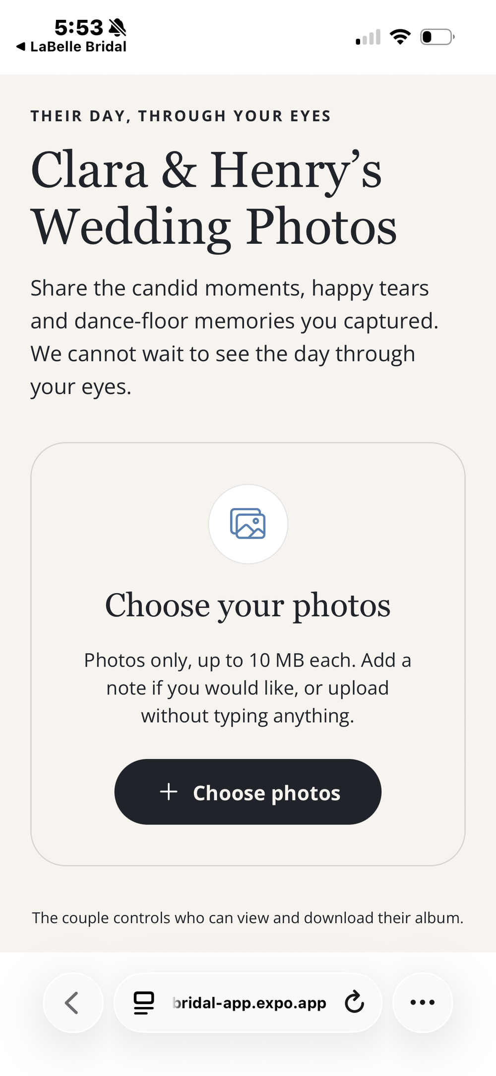 Wedding guest photo upload page connected to a private album