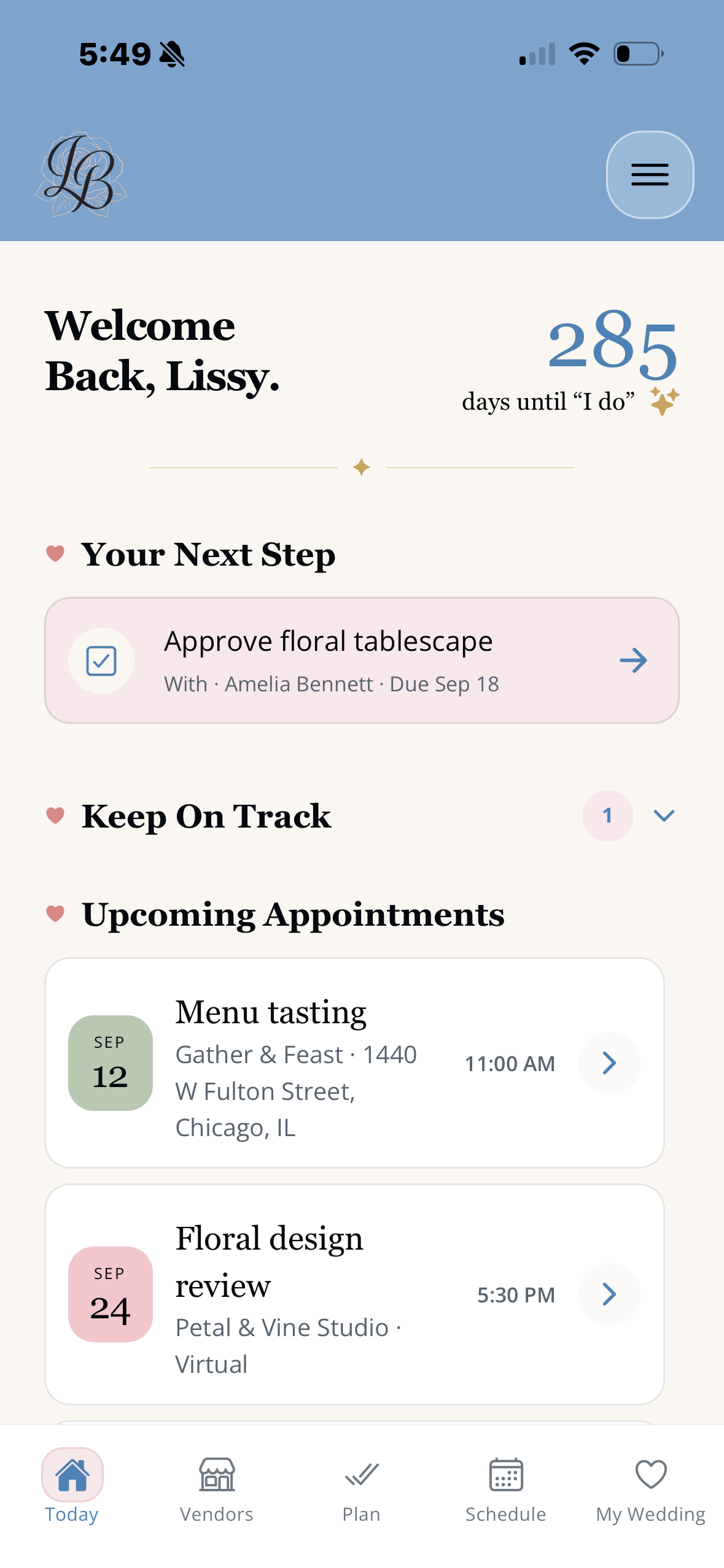 LaBelle Bridal wedding planning app Today screen