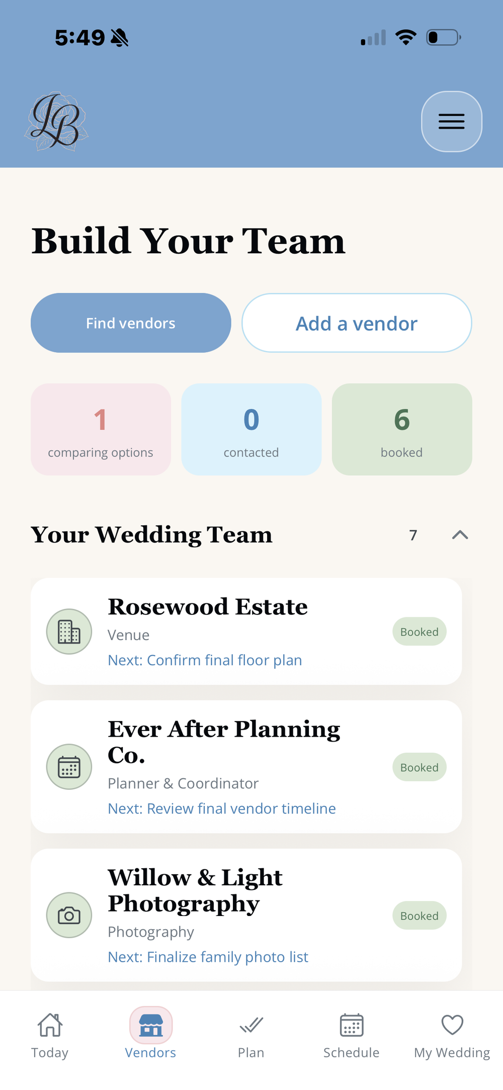Client wedding vendor team organized by comparing, contacted and booked status in LaBelle Bridal