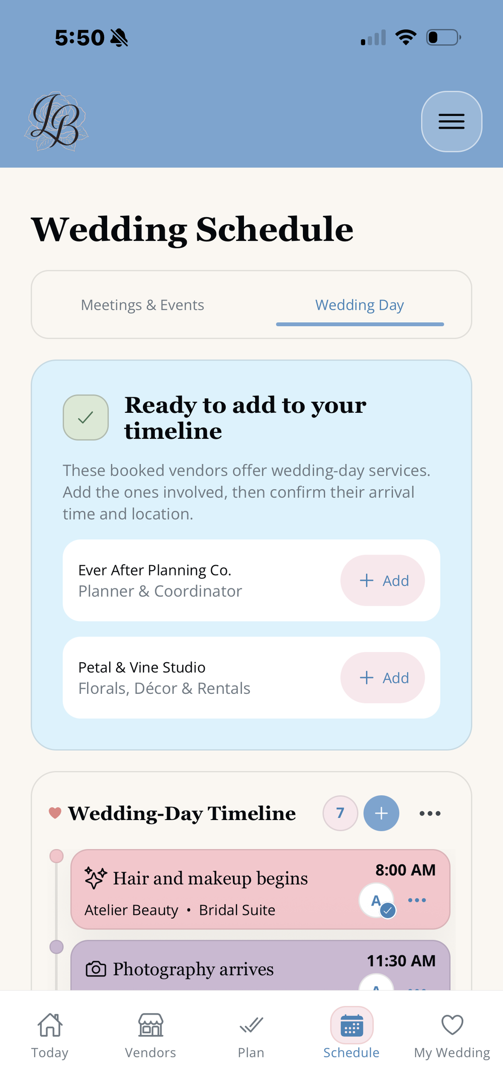 Client wedding-day timeline with booked vendors, arrival times and locations in LaBelle Bridal