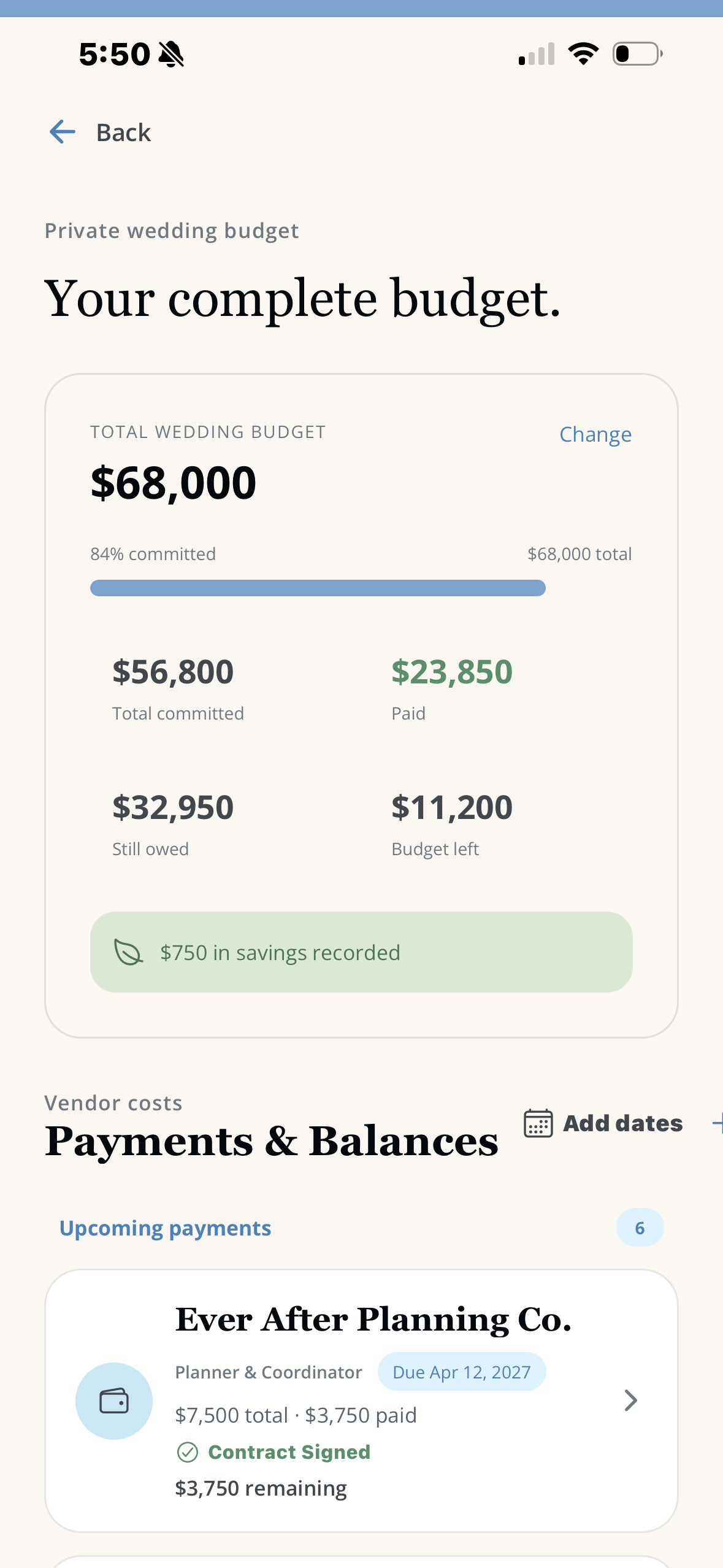 LaBelle Bridal wedding budget showing total budget, committed costs, paid amount and balances