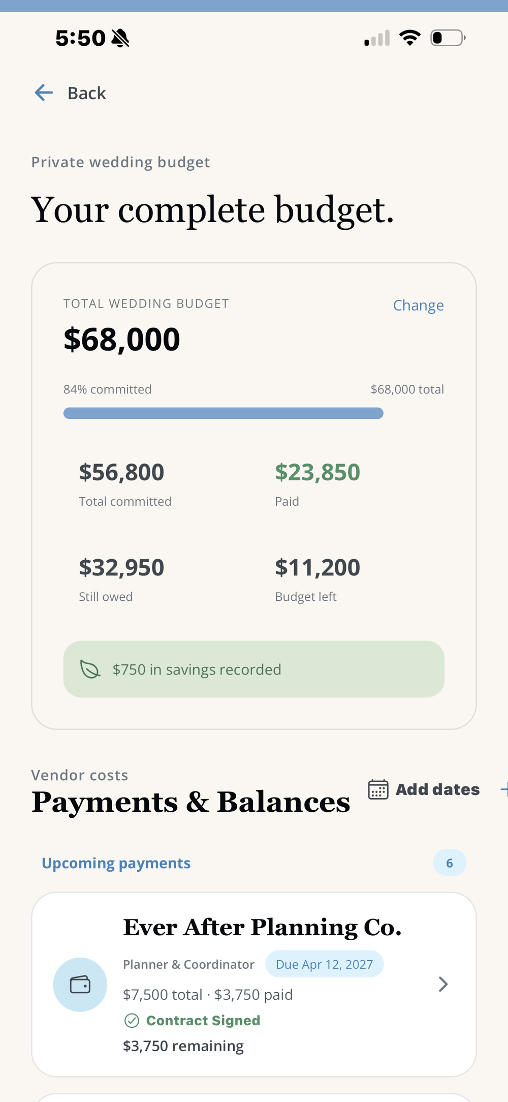 LaBelle Bridal wedding budget tracker showing total budget, committed costs, paid amounts and remaining balances