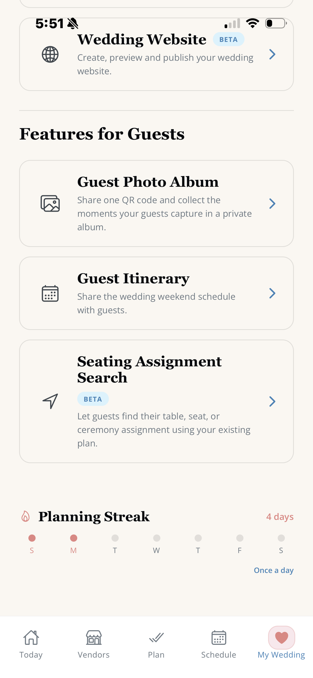 LaBelle Bridal wedding app features for guests including photo album, itinerary and seating search