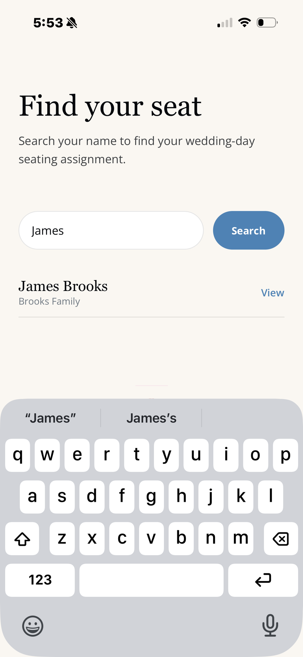 Wedding seating assignment search for guests to find their table or seat