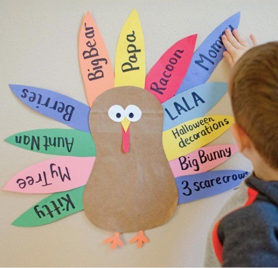 Looking for a fun way to practice gratitude AND writing?? Create a &quot;Thankful Turkey&quot; using a paper grocery bag and construction paper. ⁠
⁠
💡 CREDIT: @busytoddler