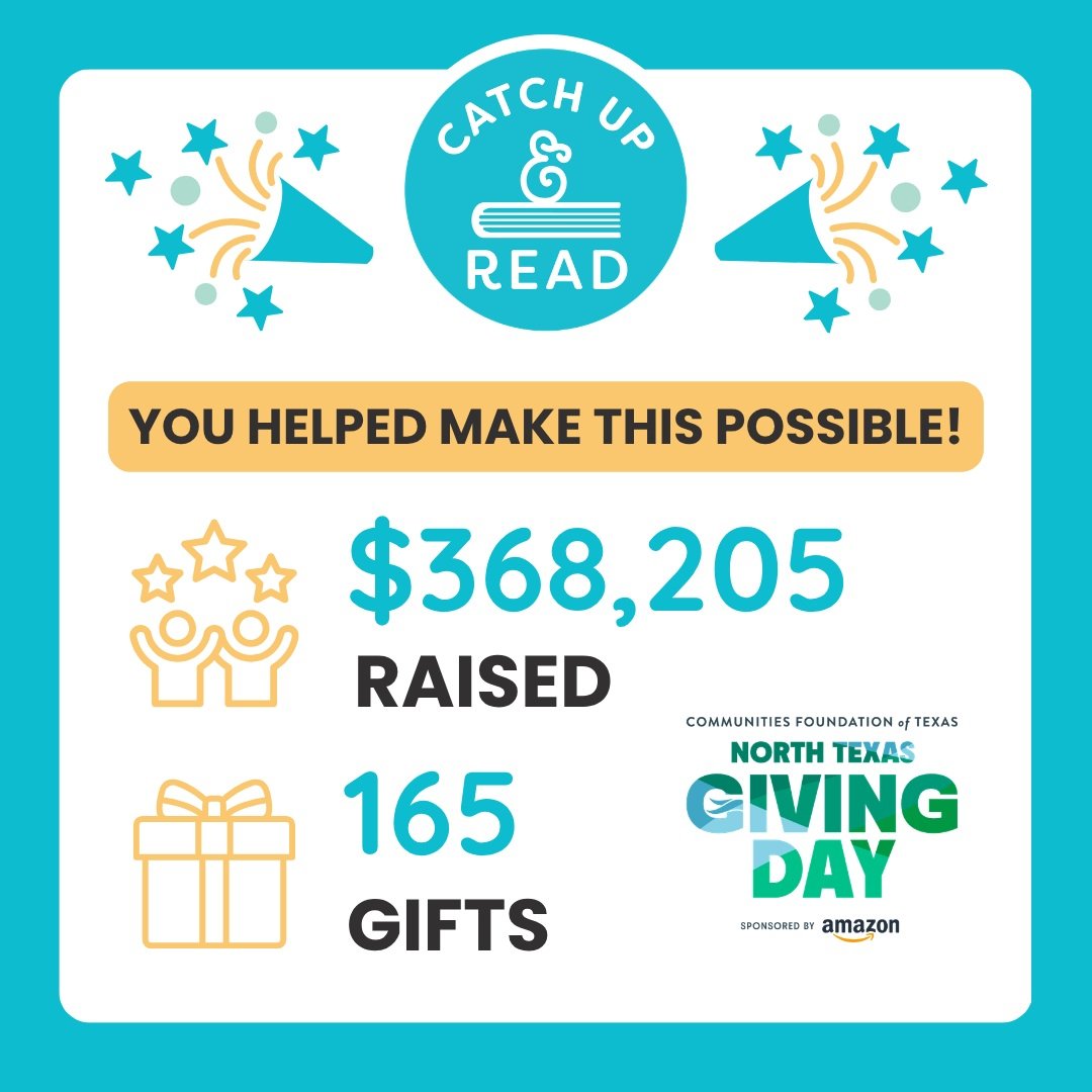 WOW! 💙📚 What an incredible North Texas Giving Day!

Thanks to YOU, Catch Up &amp; Read raised $368,205 through 165 gifts to help young readers build the skills and confidence they need to thrive. 🎉

We are so grateful for every donor, supporter, f