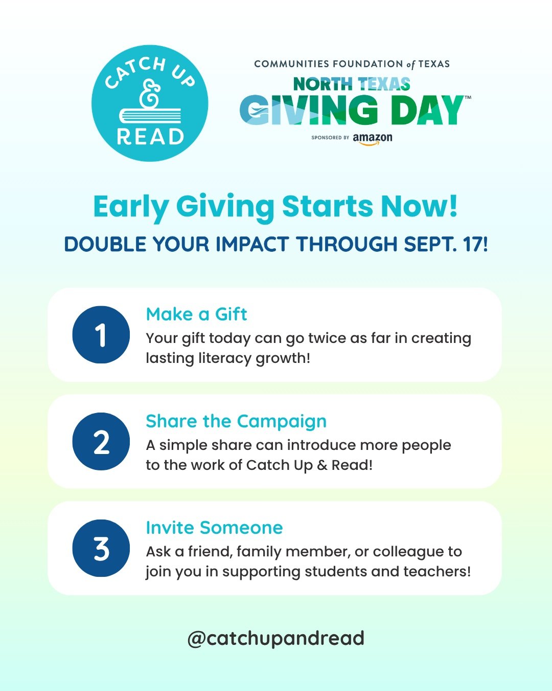 🎉 North Texas Giving Day starts TODAY! 🎉

Early giving is officially open, and your gift to Catch Up &amp; Read can have TWICE the impact! 📚💙

Thanks to the Cotton Bowl Foundation, College Football Playoff Foundation, and a generous anonymous don