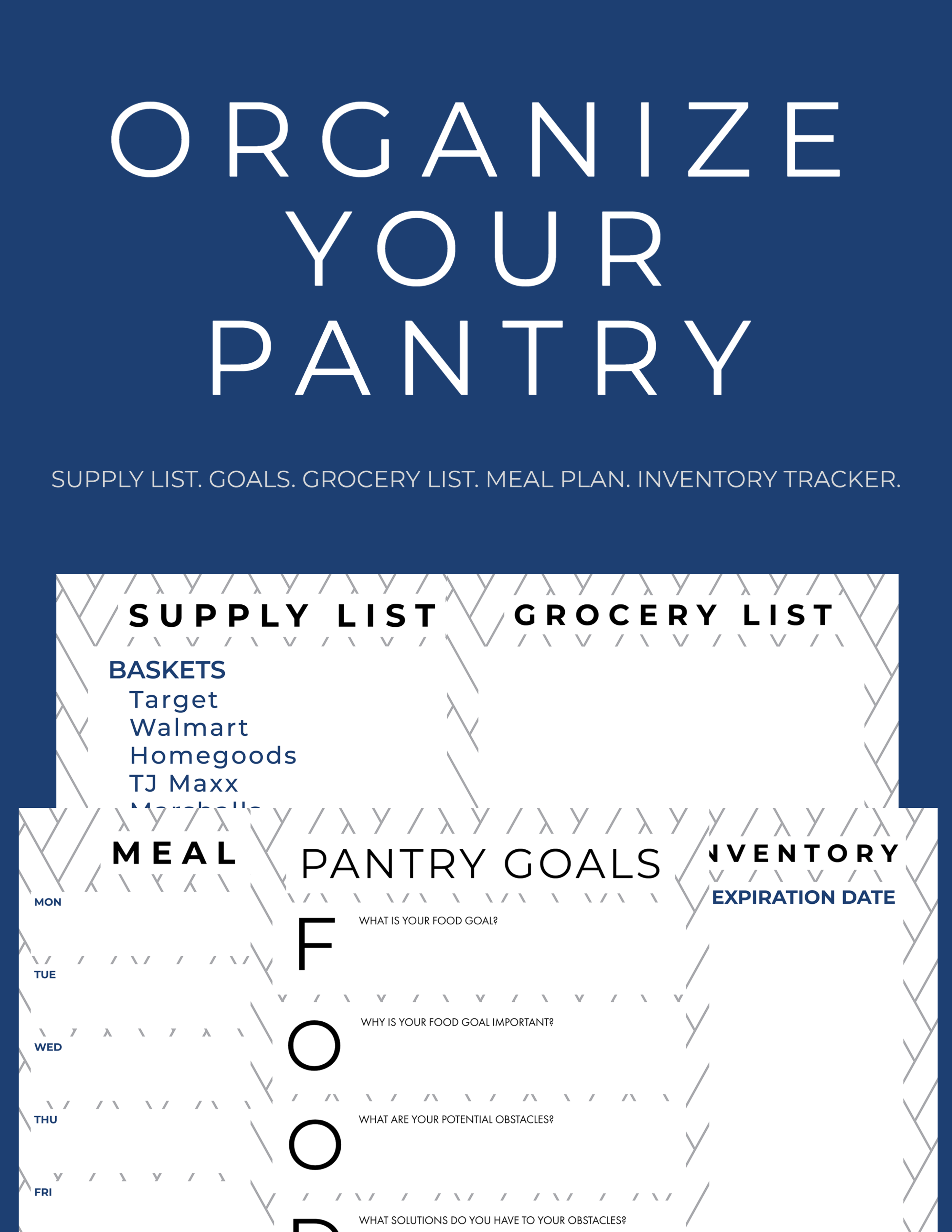 supply list. goals. grocery list. meal plan. inventory tracker