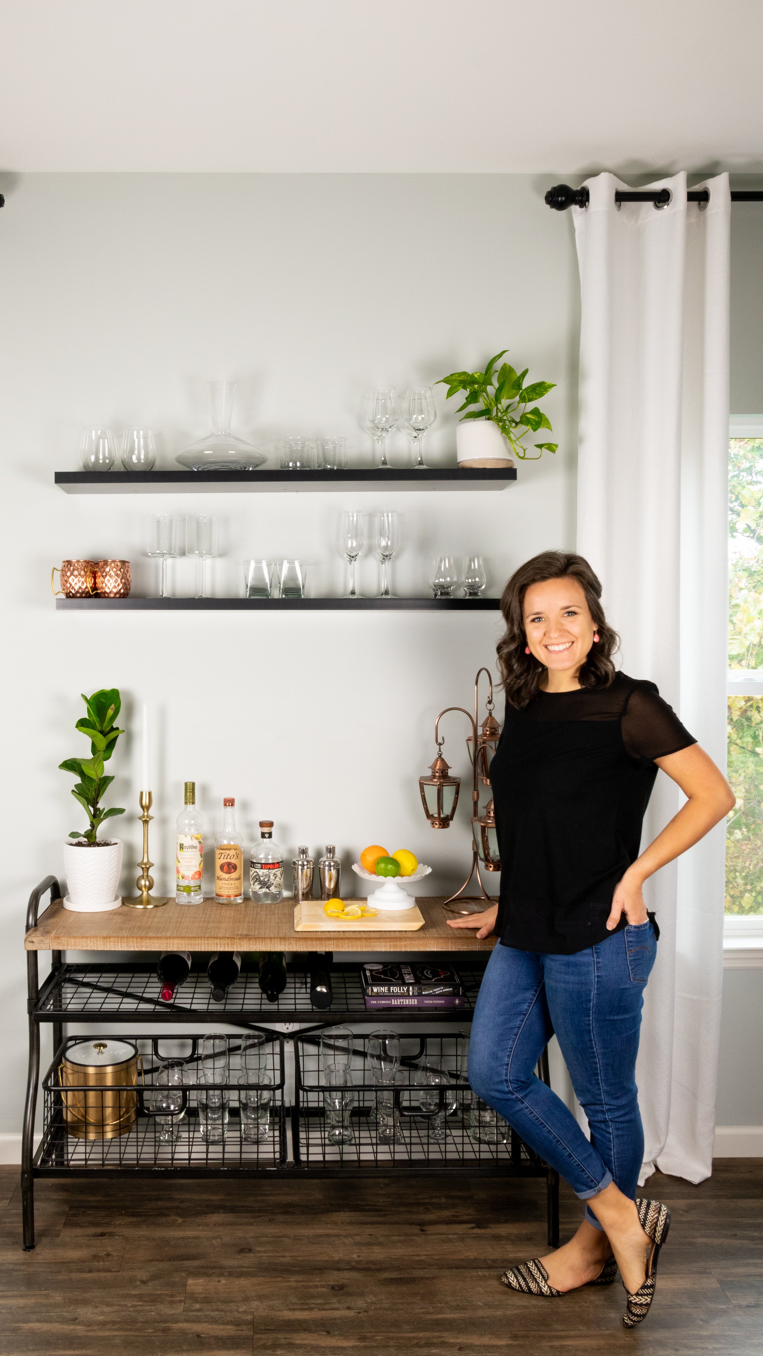 DIY dry wet bar. black farmhouse bar cart. black open floating shelves. budget friendly.