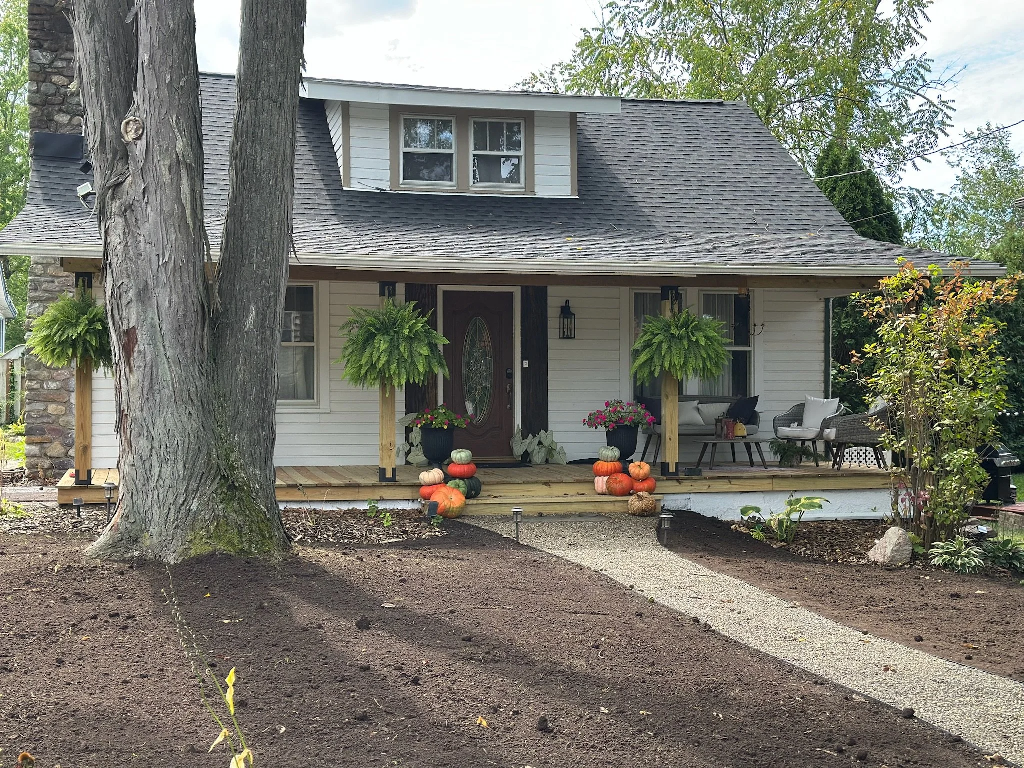 Front porch of a house decorated with potted plants, pumpkins, and outdoor furniture, with a large tree in the foreground and a new gravel pathway leading up to the porch.