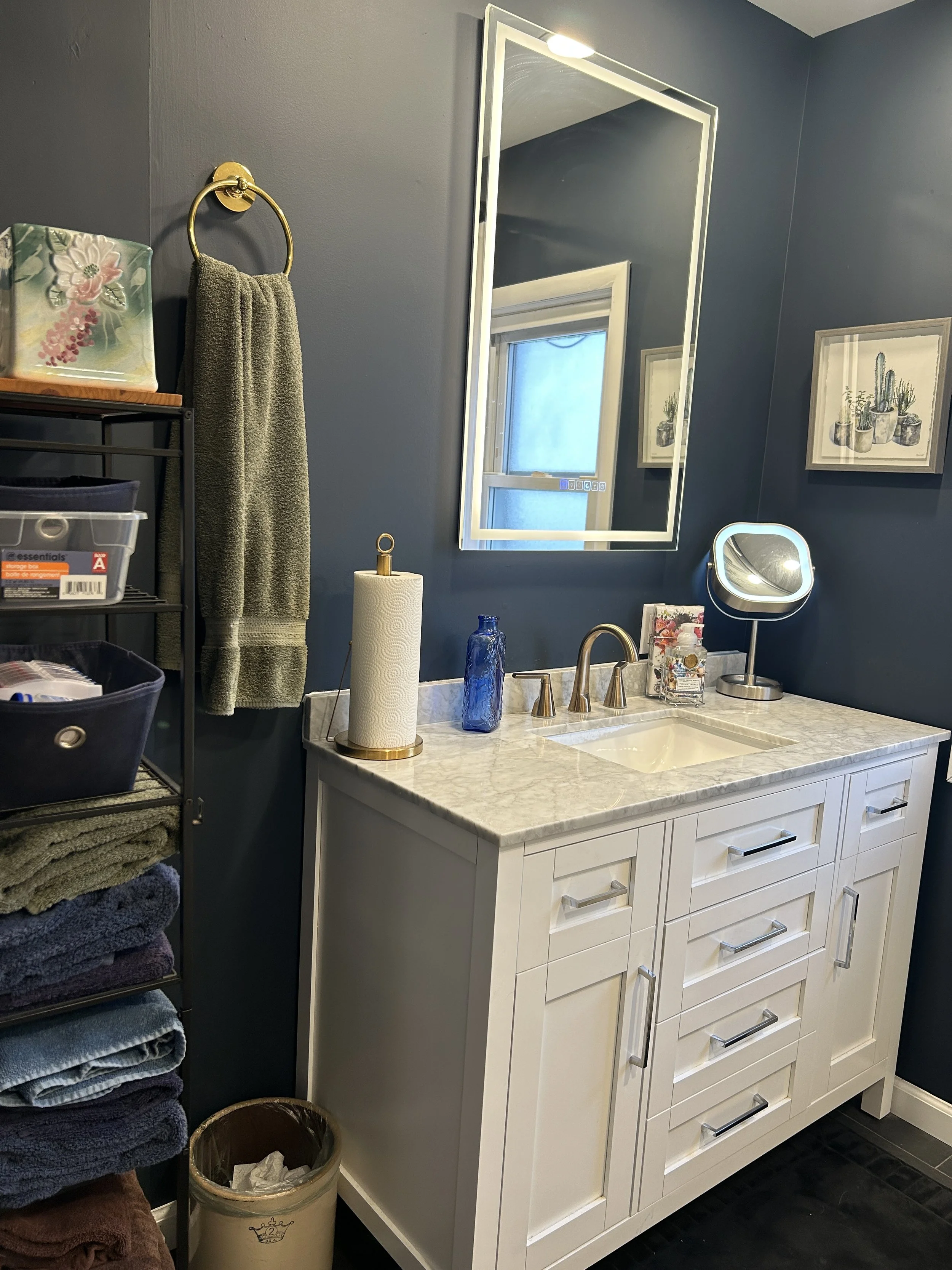 A bathroom vanity with a white cabinet, marble countertop, and a small sink. Above it, a rectangular mirror is mounted on a blue wall. To the right of the mirror, there are framed pictures of potted cacti. On the countertop, there is a paper towel ro