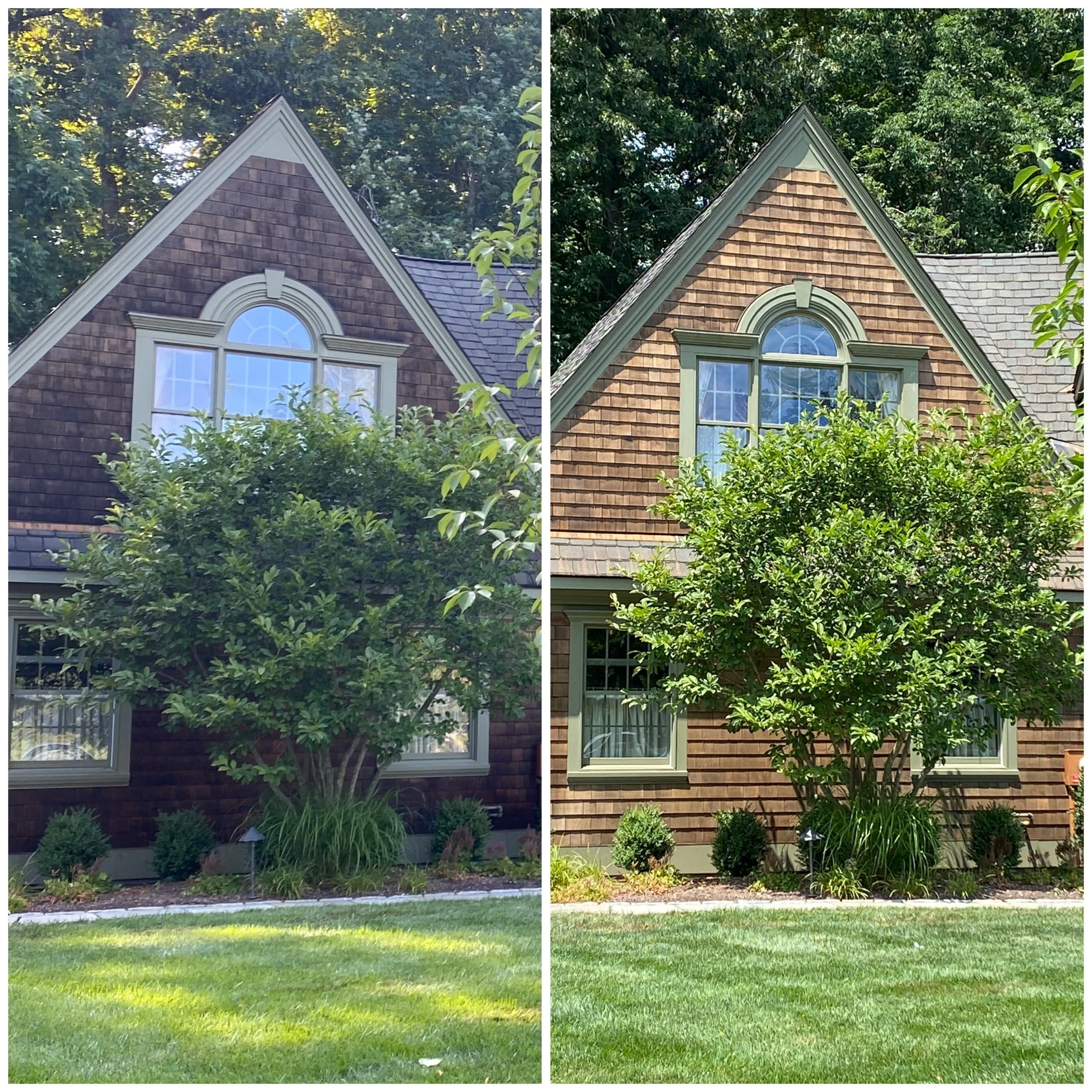 Side-by-side comparison of the same house before and after exterior renovation. The house has a gable roof with a large arched window, brown shingle siding, and a front yard with a tree, bushes, and grass.