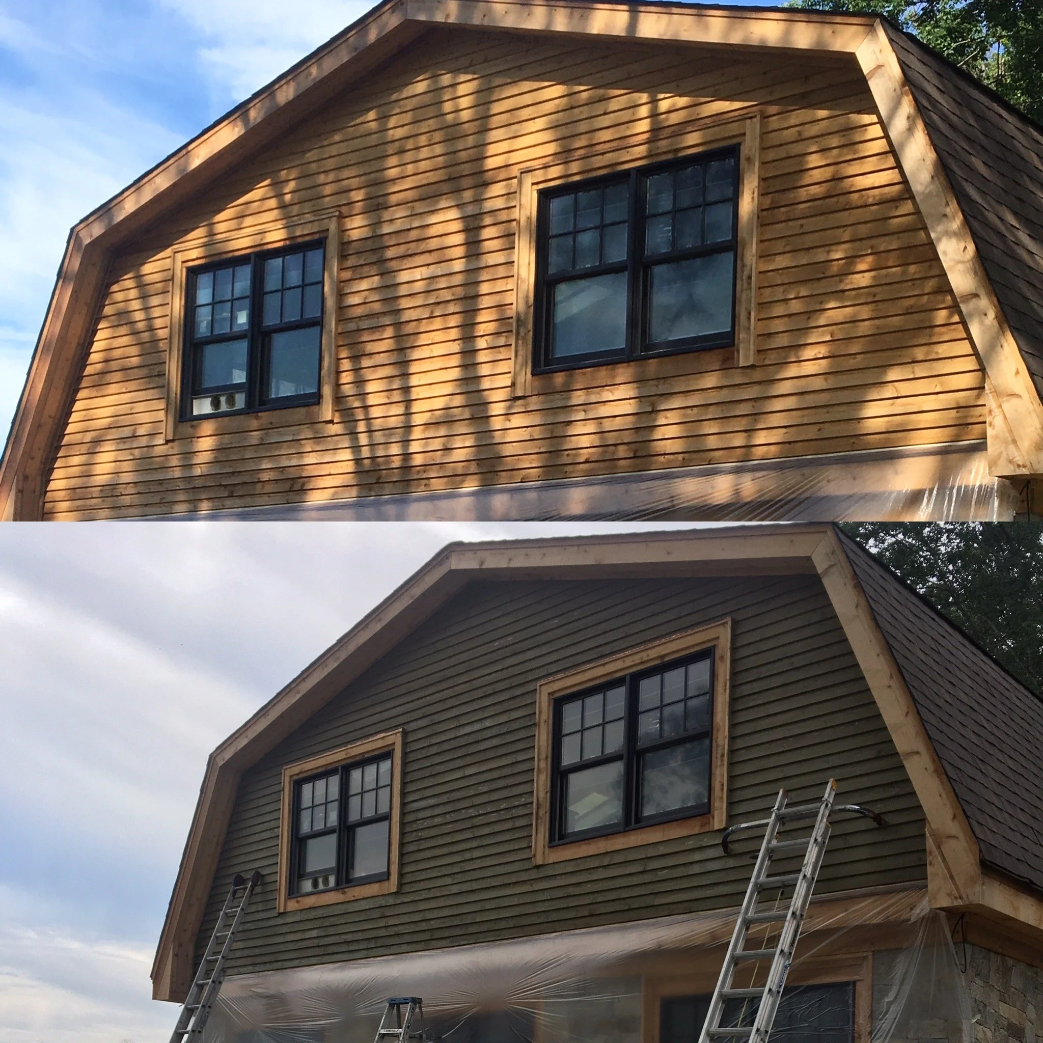 Two photos of the same house under construction, showing the upper part with two windows. The first photo shows the house with light wood siding, and the second shows it with greenish siding and ladders leaning against the wall.