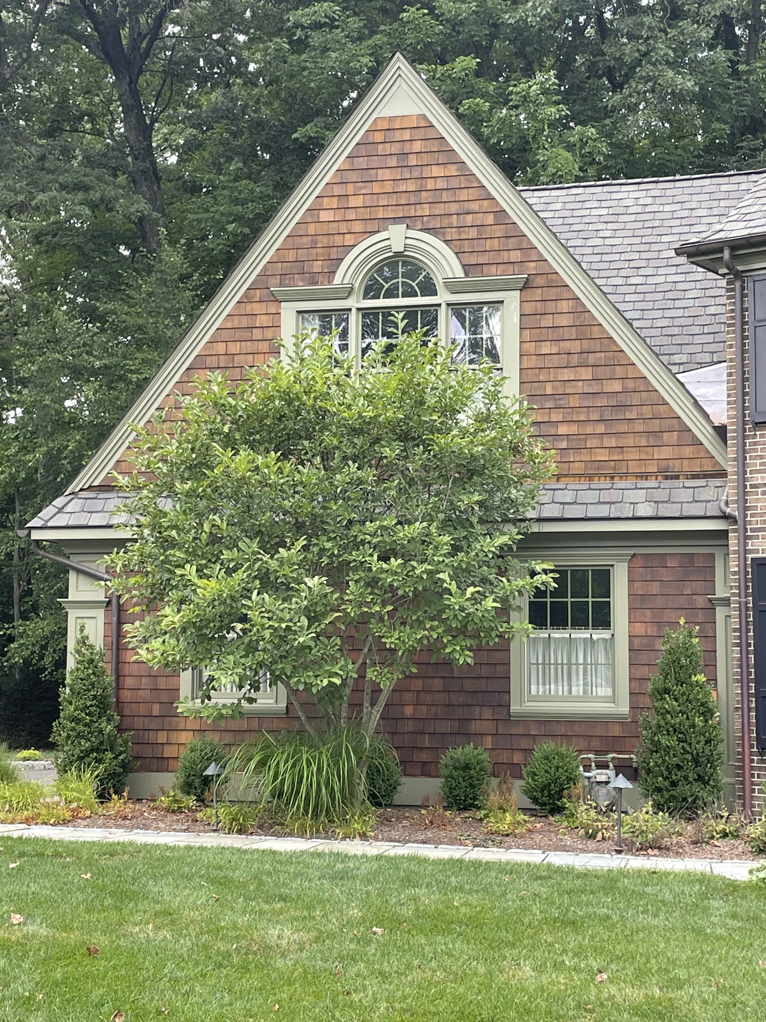 Front view of a house with brown shingle siding, green window frames, a gabled roof, a tree in front, and a well-maintained lawn with bushes and plants.