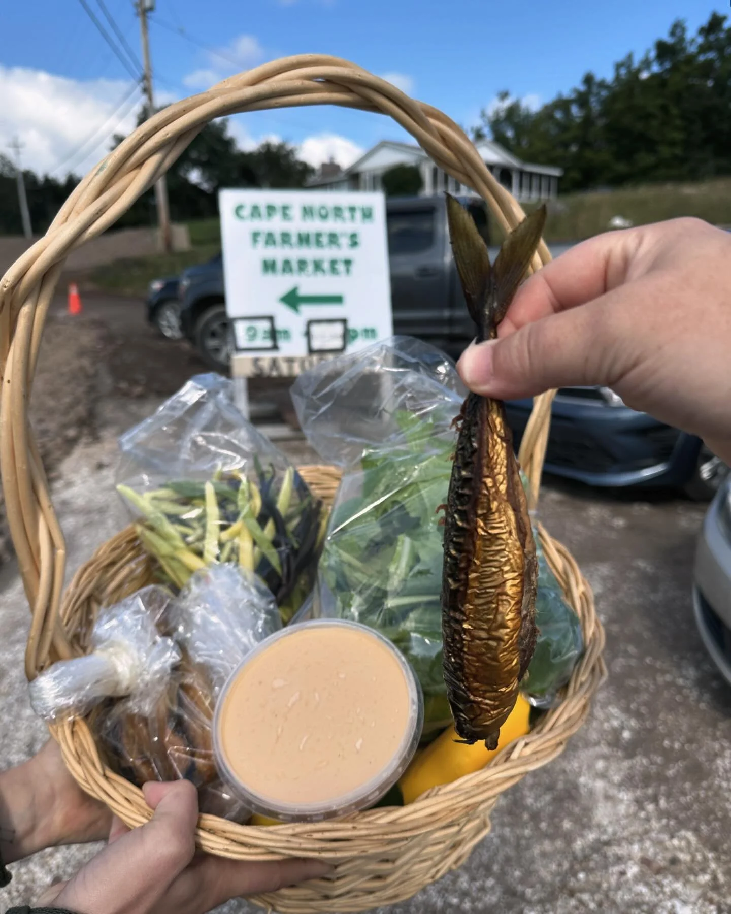 When you leave your local market with a free road fish 🎣 😄

@capenorthfm we had frittata and biscuits, got some fresh halibut and smoked mackerel, beautiful veggies and a little mini chocolate ganache cake 🍰 

And an annual hug from @highlandshost
