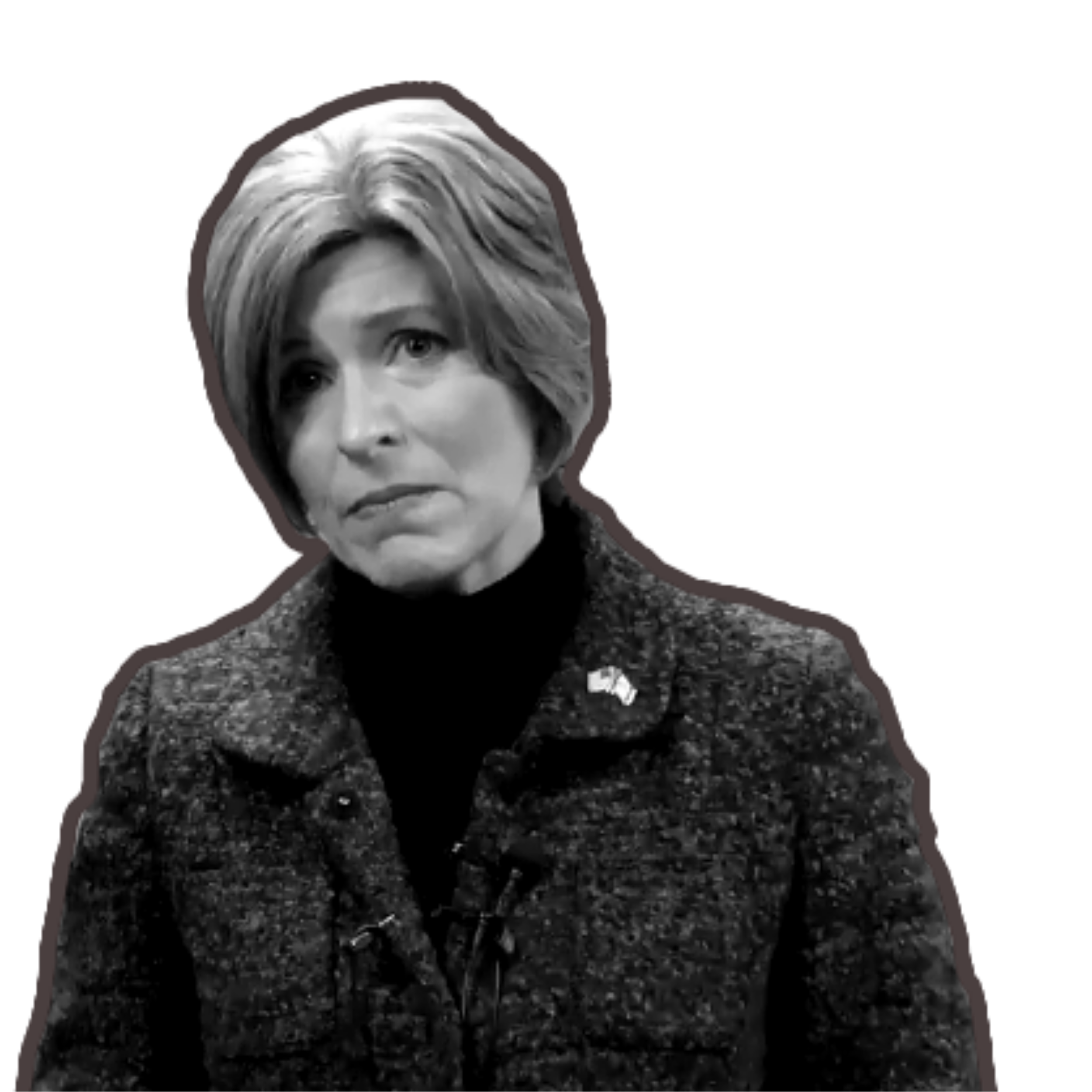 Joni Ernst in black and white with a red outline.