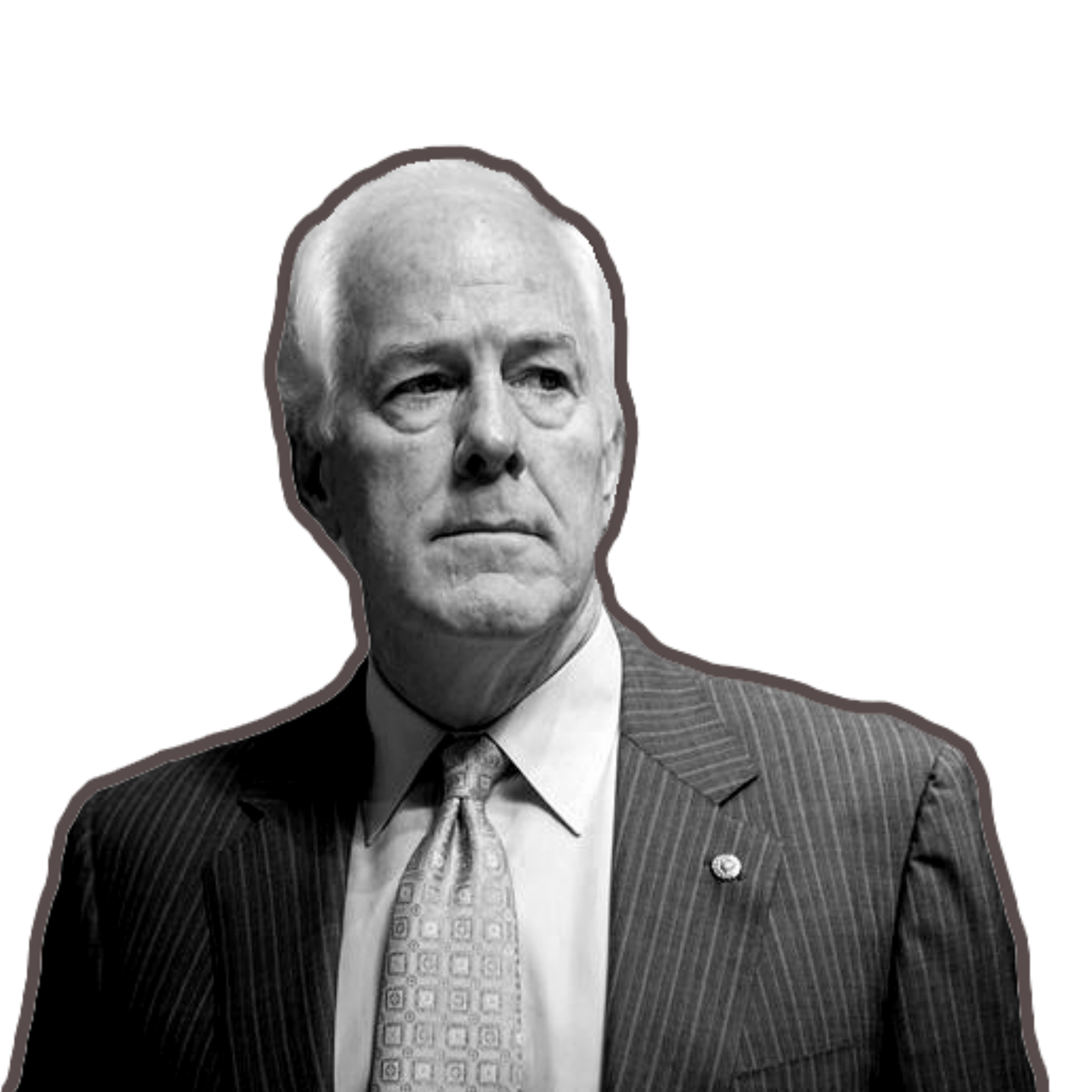 John Cornyn in black and white with a red outline.