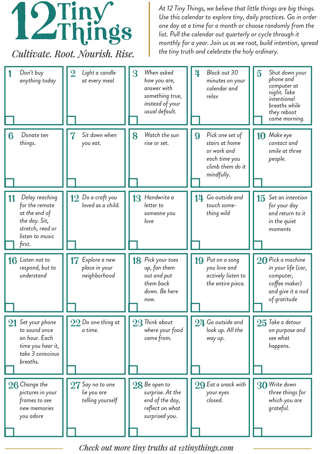 30 Day Calendar — 12 Tiny Things 30 Day Calendar — 12 Tiny Things