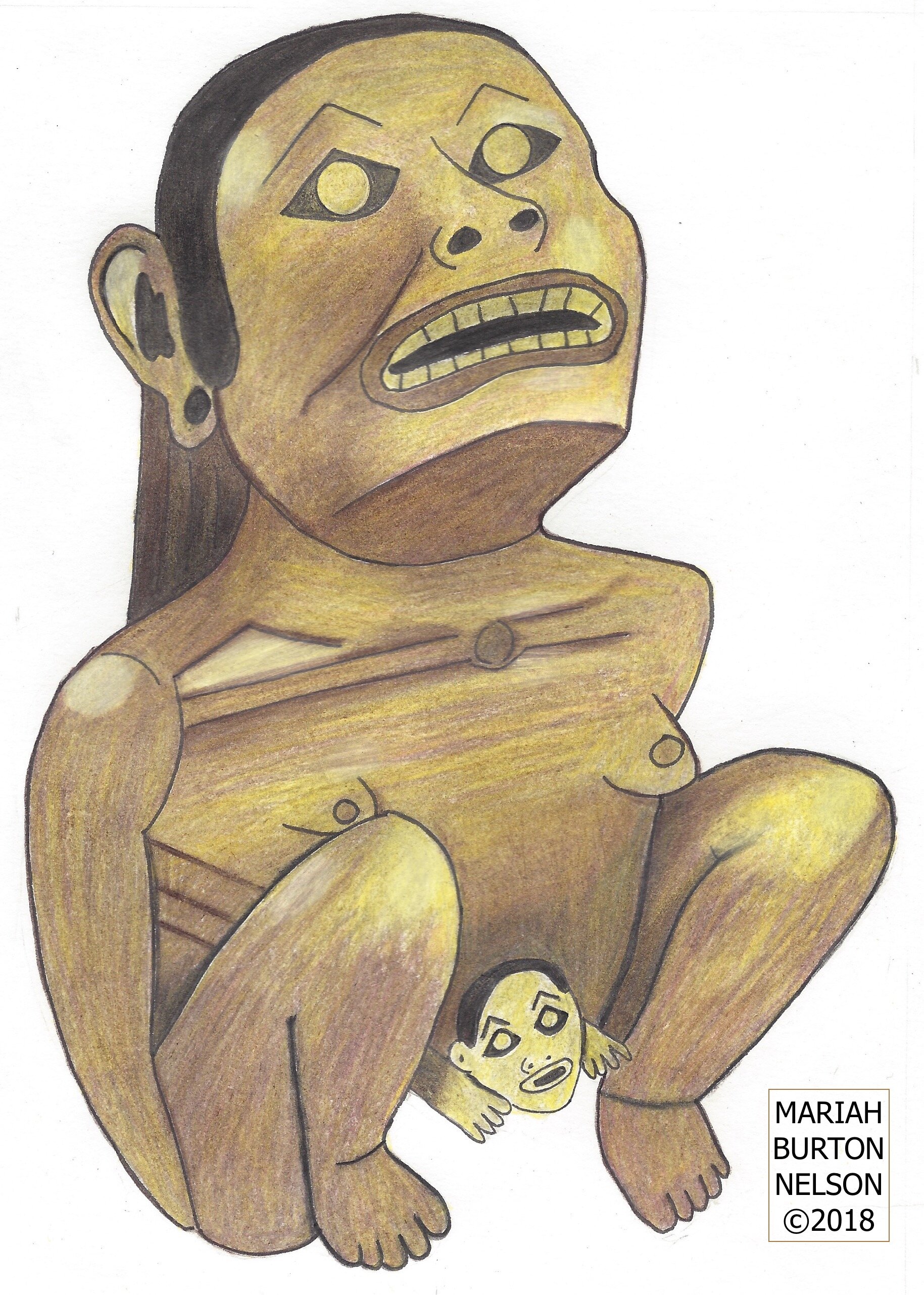Aztec goddess birthing a baby. After bronze figurine in Dumbarton Oaks Museum, Washington, D.C.